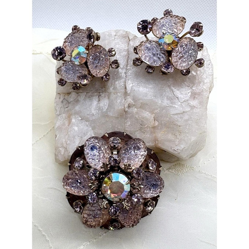 Vintage 1950s‎ MCM Pink Lavender Rhinestone Brooch Clip On Earrings Matching Set
